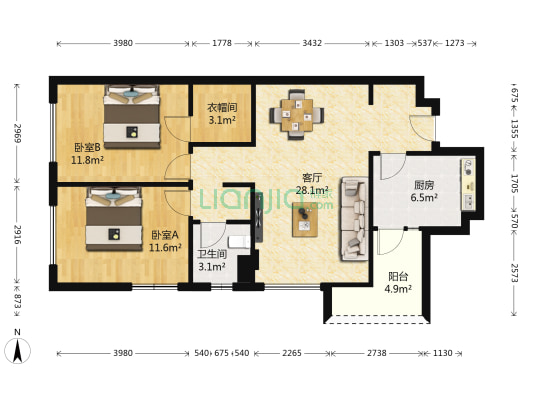 万科金色海蓉一期 2室1厅1卫 65平方