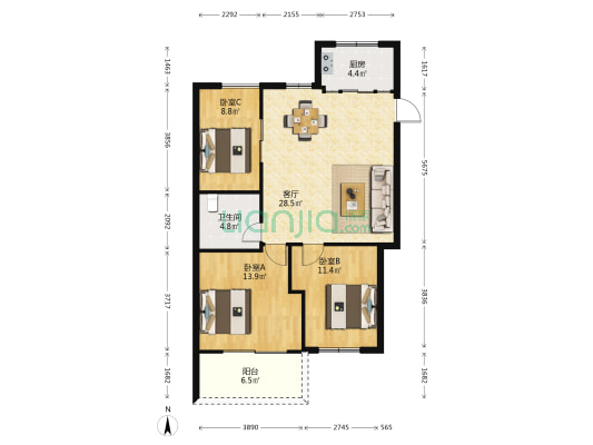 锦江花园 3室1厅1卫 94平方