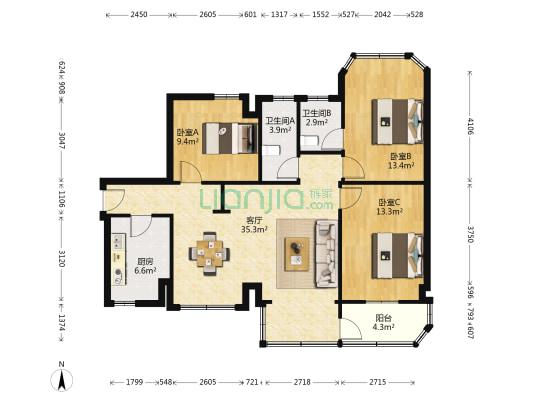 南海区政府机关公寓 3室1厅2卫 107平方
