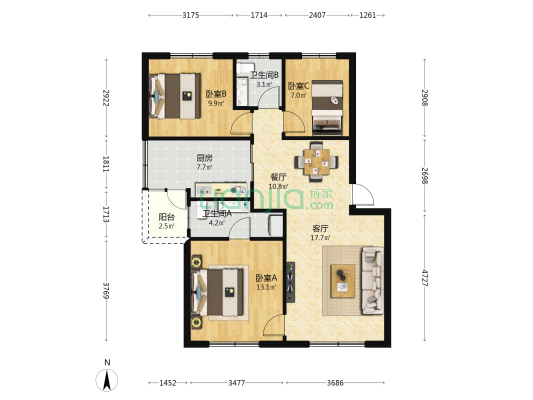 金钟苑 3室2厅2卫 90平方