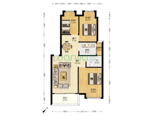 五福花园 3室2厅1卫 91平方