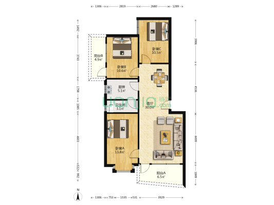 上横北路 3室1厅1卫 98平方