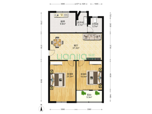 人民银行宿舍楼 2室1厅2卫 92平方
