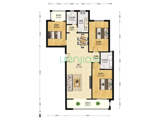 润联馨城 3室1厅2卫 136平方