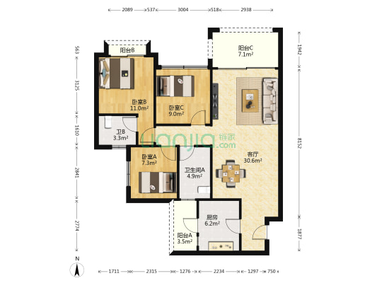 金海岸花园皇玛 3室1厅2卫 103平方