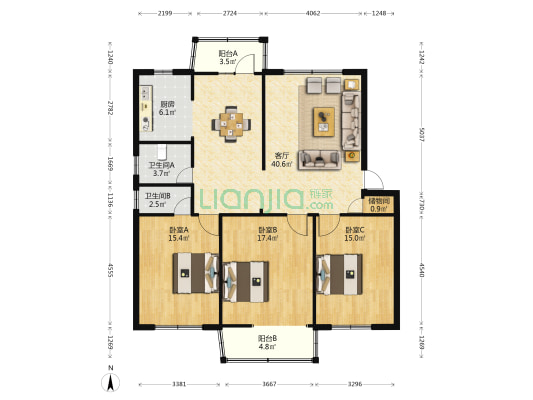 海雁小区 3室1厅2卫 131平方
