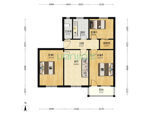 安医大一附院门诊部宿舍 3室1厅1卫 87平方