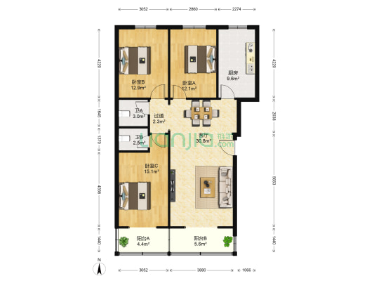 燕赵郡府 3室1厅2卫 122平方