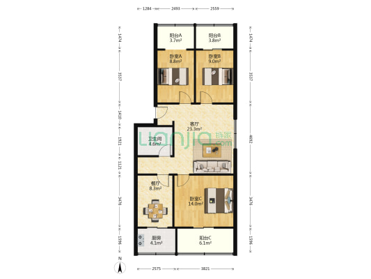 西安南路61号 3室2厅1卫 94平方
