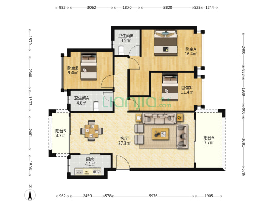 凯景华府 3室1厅2卫 125平方