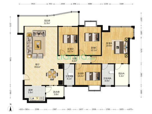 水岸新天小区 4室1厅2卫 152平方
