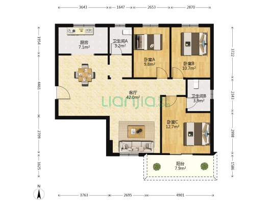 汉口北SOHO 3室1厅2卫 123平方