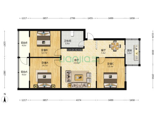 轴承厂宿舍 3室2厅1卫 114平方
