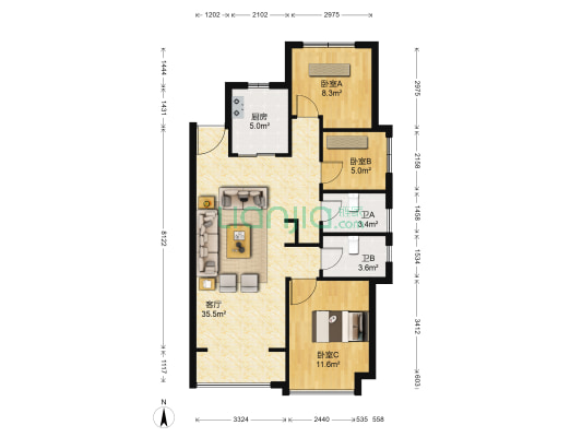雍锦园 3室1厅2卫 89平方