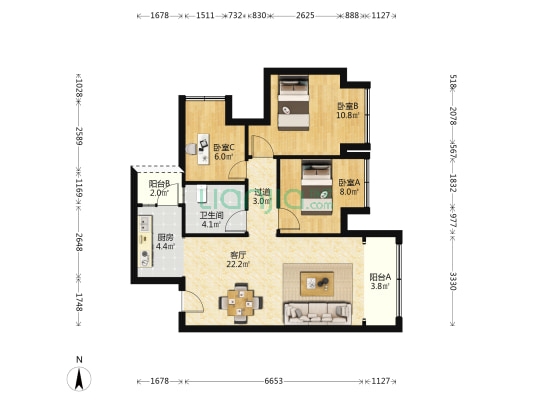 龙湖嘉天下揽城 3室1厅1卫 81平方