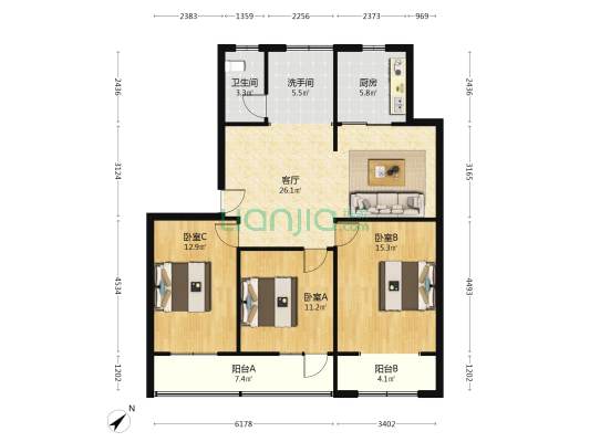 胡家巷92号院 3室1厅2卫 103平方