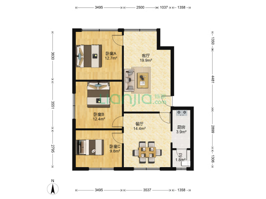 石油小区 3室2厅1卫 90平方