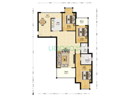 元森北新时代（玫瑰园） 3室2厅2卫 147平方