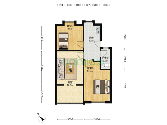市南路34号 2室1厅1卫 65平方