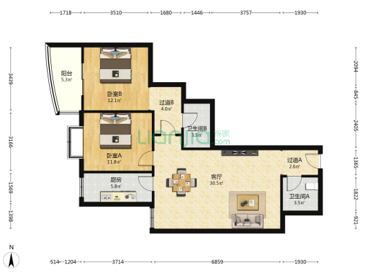 五龙世纪苑 2室1厅2卫 103平方