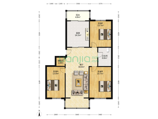 于洪区教师公寓 3室1厅1卫 136平方