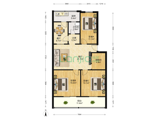 养育小区 3室2厅1卫 120平方