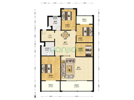 阳光花园 4室2厅1卫 170平方
