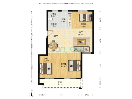 枫塘名苑 3室1厅2卫 97平方