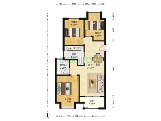 万科传奇里 3室1厅1卫 87平方