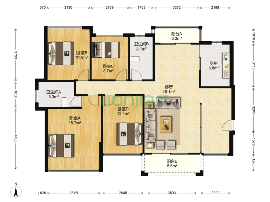 品峰荟豪庭 4室1厅2卫 133平方