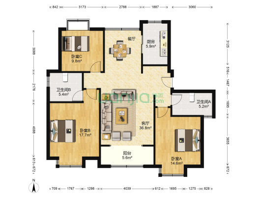 华腾苑 3室1厅2卫 138平方