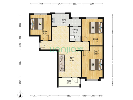 华融现代城 3室1厅 南 北-户型图