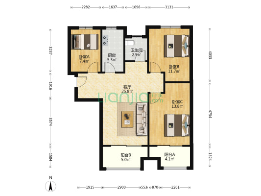 临江锦园 3室1厅1卫 106平方