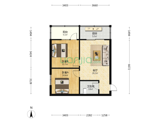 龙首西南区 2室1厅1卫 70平方
