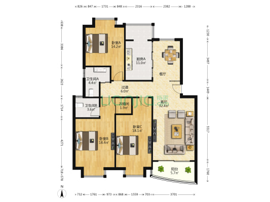 京东小区F区 3室1厅2卫 129平方