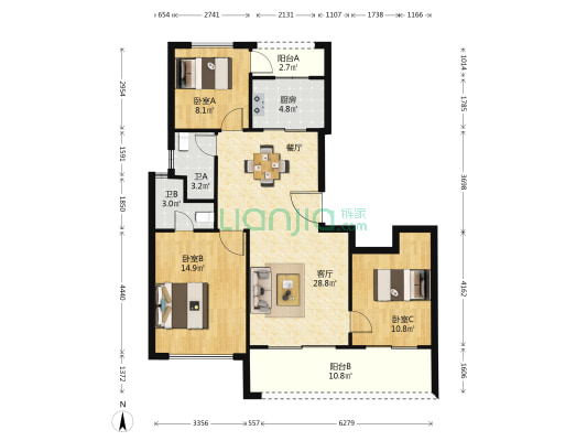 保亿·豫景晨园 3室1厅2卫 114平方