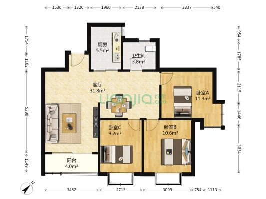 永恒怡馨苑 3室1厅1卫 98平方