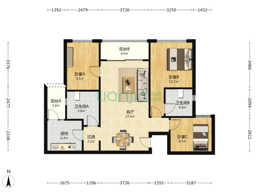 恒大天璟 3室1厅2卫 115平方