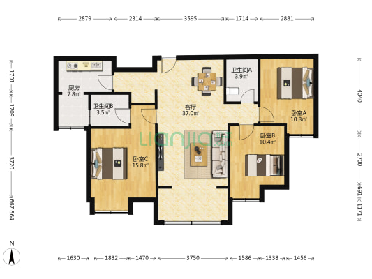 家合景园 3室1厅2卫 109平方