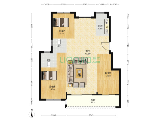 上岸花苑 3室1厅2卫 120平方