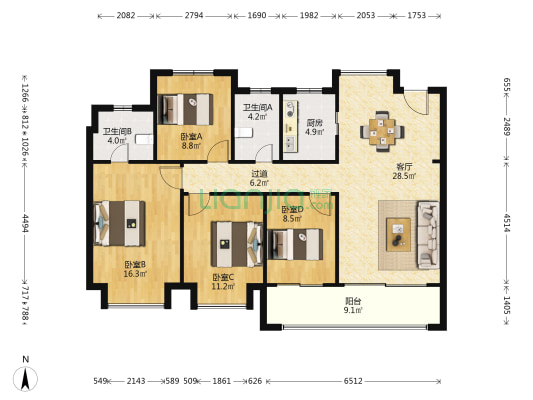 新希望锦麟云境 4室1厅2卫 134平方
