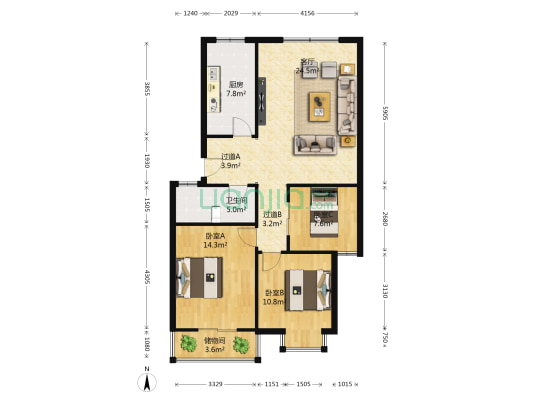 现代汉城 3室1厅1卫 109平方