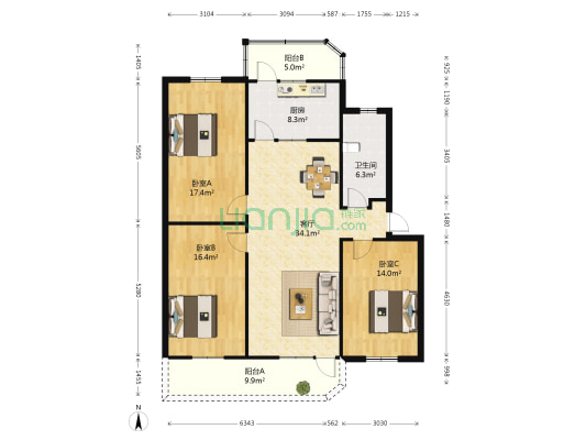 寶麗小區寶麗苑 3室1厅1卫 120平方