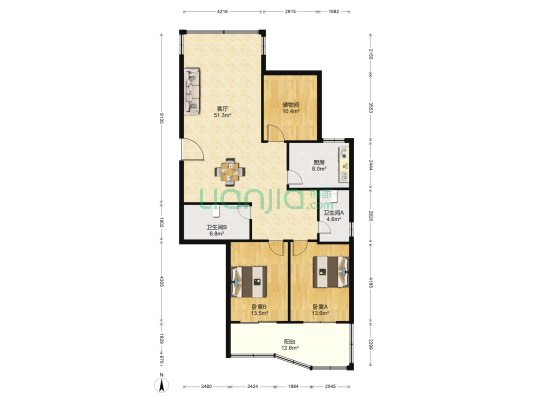 银杏四季 2室1厅2卫 135平方