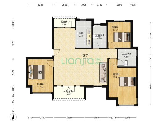 出售 凤麟府南北通透三居双卫 毛坯  户型好-户型图