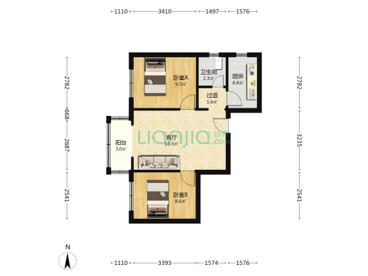 阳光馨城B区 2室1厅1卫 66平方