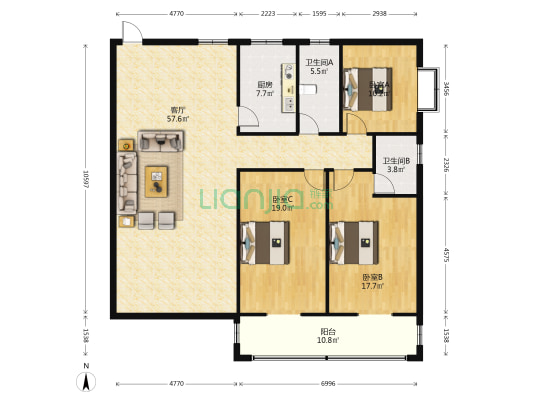 宏升国际 3室1厅2卫 175平方