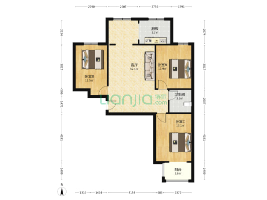 开发区南北三居精装修，中间楼层，采光好-户型图