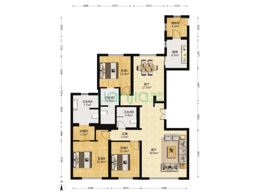 湖光壹号 3室2厅3卫 184平方