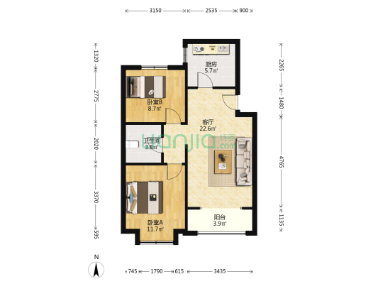千渡东山晴 2室1厅1卫 83平方
